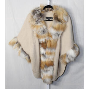 Adrienne Landau Fox Fur Trimmed Sweater Cape Jacket  Poncho sz. O/S